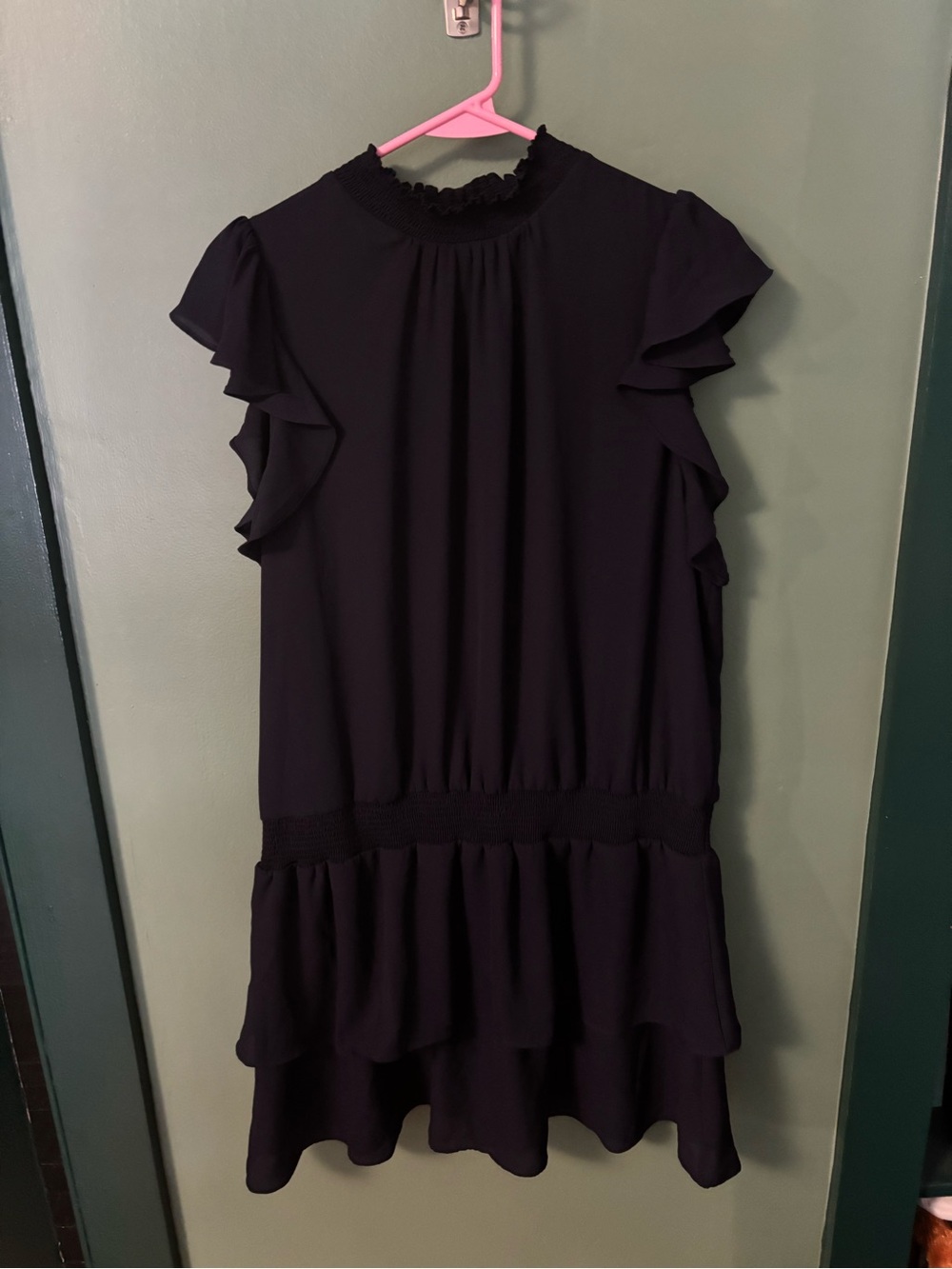 STATE Black Ruffle-Sleeve Smocked-Waist Tunic